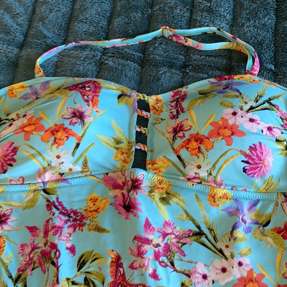 Jessica Simpson Aqua Floral Swim Top with Pink, Orange and Yellow Accents